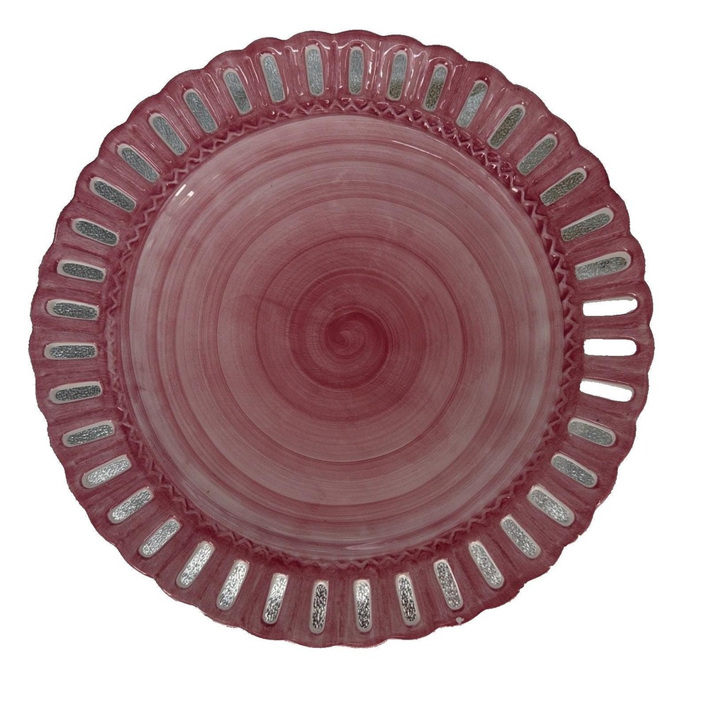 Vintage 1995 Lotus China Pink Reticulated Cake Stand Basket Weave Pedestal Plate